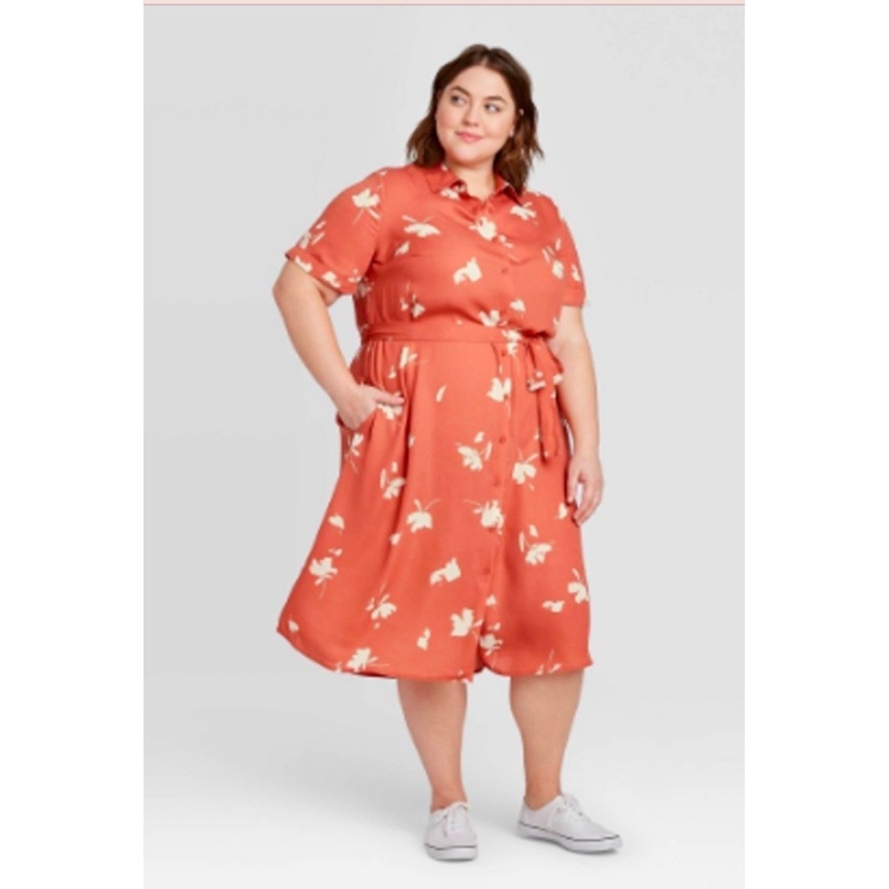 AVA & VIV Plus Size Orange Floral Dress Midi Belted Pockets 1X‎